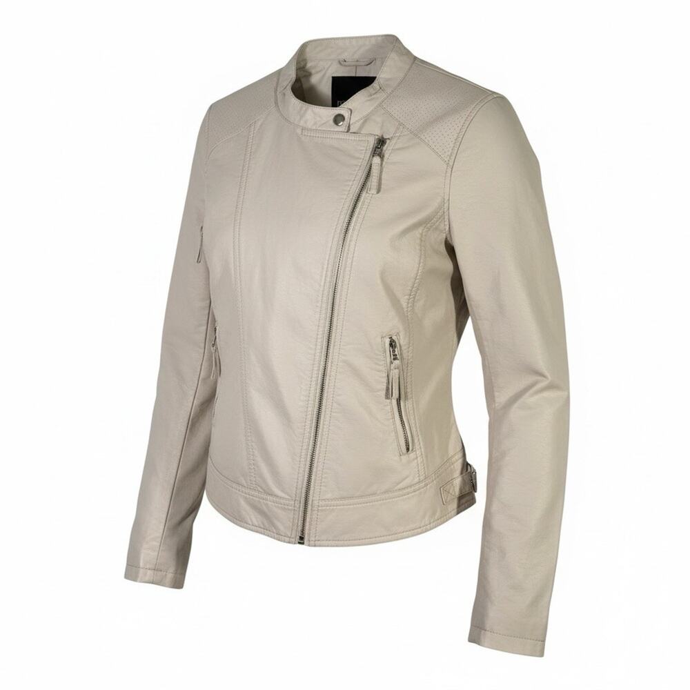 Maurices Women's Faux Leather Moto Jacket Cream Beige Size 0 XS Zip Pockets